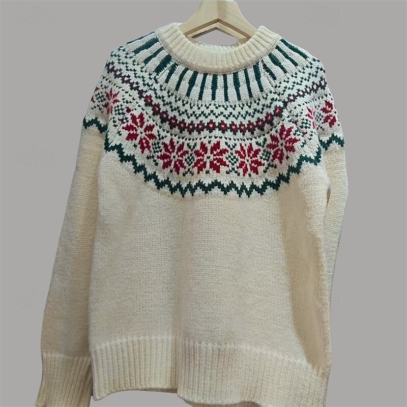 Women's Sweater Fair Isle Sweater Fashion Streetwear Casual Snowflakes Ribbed Crew Neck Knitted Long Sleeve Regular Tops Knit Outdoor Daily Weekend White Fall Winter2