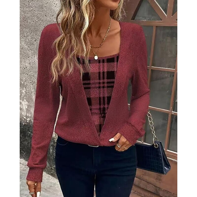 Women's Shirt Blouse Plaid Stylish Basic Casual Long Sleeve Square Neck Regular Tops Daily Holiday Print Wine Spring Fall Winter