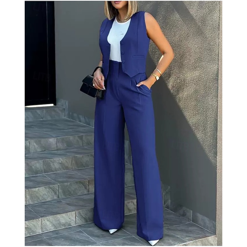 Women's Active Fashion Pants Sets Blazer Suits Sleeveless V Neck Solid Color Patchwork Vacation Casual Daily Black White Blue Summer Regular Fit