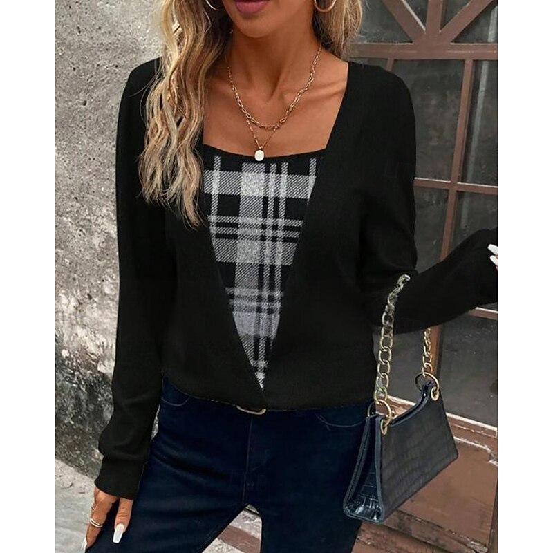 Women's Shirt Blouse Plaid Stylish Basic Casual Long Sleeve Square Neck Regular Tops Daily Holiday Print Black Spring Fall Winter