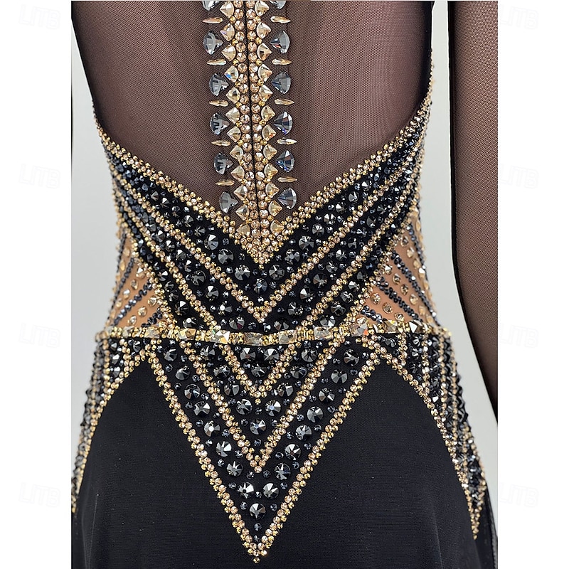 Figure Skating Dress Women's Girls' Ice Skating Dress Black Patchwork Asymmetric Hem Mesh Spandex High Elasticity Training Competition Skating Wear Classic Crystal / Rhinestone Long Sleeve Ice3