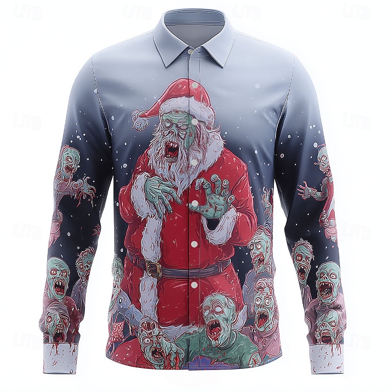 Halloween Men's Santa Claus Zombies Horror Shirt Button Up Shirt Long Sleeve Dark Punk Gothic Style Outdoor Holiday Summer Spring Turndown 3D Print Collared Shirts Light Grey Dark Blue Light Blue2