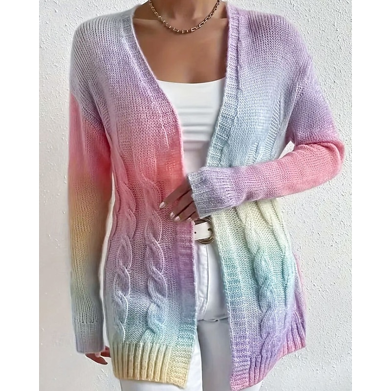 Women's Sweater Cardigan Streetwear Casual Tie Dye V Neck Knitted Long Sleeve Regular Tops Knit Daily Going out Weekend Purple Fall Winter4