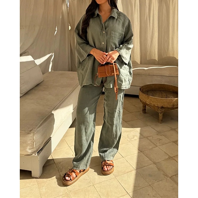 Women's Active Fashion Blouse Pants Sets Long Sleeve Shirt Collar Solid Color Dubbele Rij Knopen Vacation Casual Daily Green Summer Regular Fit