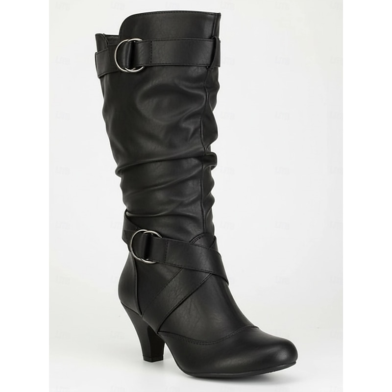 Women's Knee-High Boots with Buckle Straps and Slouchy Design, Featuring Mid-Heel and Versatile Style for Casual and Evening Wear3
