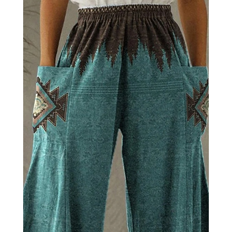 Women's Wide Leg Pants Trousers Vacation Ethnic Style Boho Full Length High Waist Graphic Color Block Pocket Elastic Waistband Print Comfy Breathability Stretchy Vacation Casual Daily Peacock Blue2