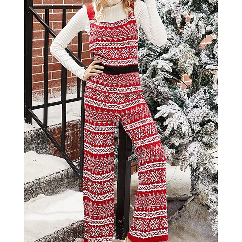 Women's Normal Jumpsuit Active Snowflake Sleeveless Crew Neck Pocket Print Christmas Vacation Regular Fit Red Fall
