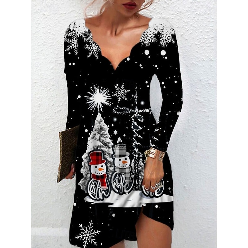 Christmas Women's Mini Dress Casual Dress Elegant Vintage Party Regular Fit Graphic Long Sleeve V Neck Black Red Gold Gray Fall Winter2