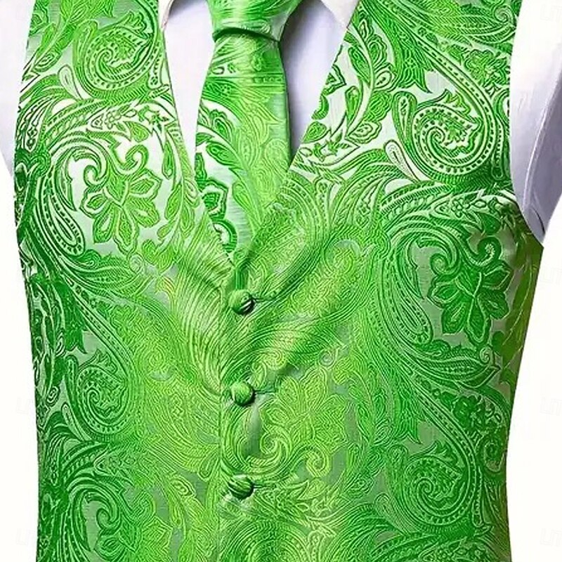 Men's Waistcoat Vest V Neck Party Paisley Burgundy Blue Green Tailored Fit3