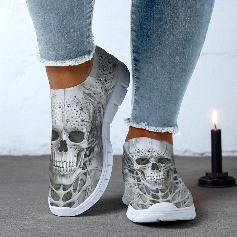 Women's Skull Print Slip-On Sneakers with Lightweight Sole, Gothic Halloween Casual Shoes for Party and Streetwear4