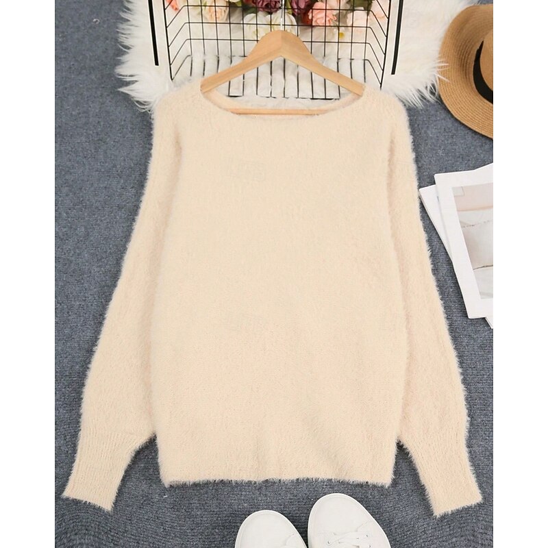 Women's Sweater Pullover Streetwear Casual Pure Color Ribbed Crew Neck Knitted Long Sleeve Regular Tops Knit Outdoor Daily Weekend Apricot Fall Winter3