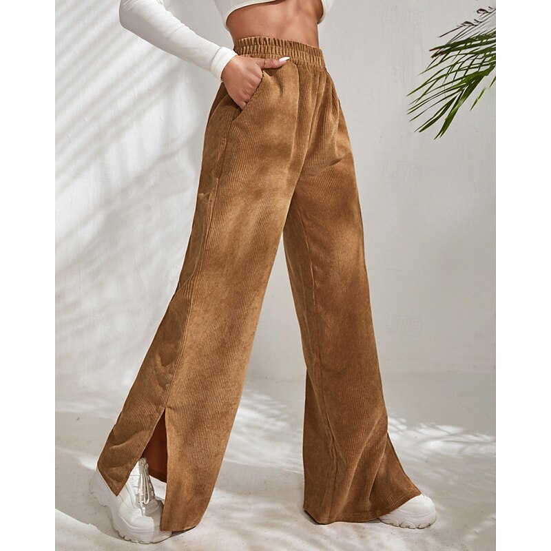 Women's Culottes Wide Leg Chinos Streetwear Casual Full Length Medium Waist Plain Pocket Elastic Waist Comfortable Micro-elastic Outdoor Vacation Daily dark brown Black Ivory Green Fall Winter Loose3