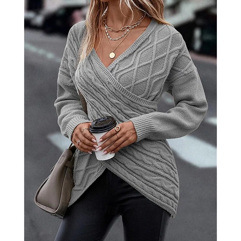 Women's Sweater Pullover Elegant Fashion Streetwear Solid Color Ribbed V Neck Knitted Asymmetric Hem Long Sleeve Regular Tops Knit Outdoor Daily Weekend Gray Fall Winter3