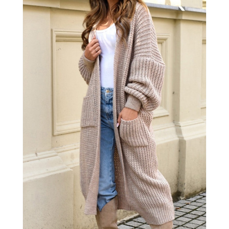 Women's Sweater Cardigan Streetwear Casual Solid Color Cable V Neck Pocket Knitted Long Sleeve Long Tops Knit Daily Holiday Weekend Khaki Fall Winter