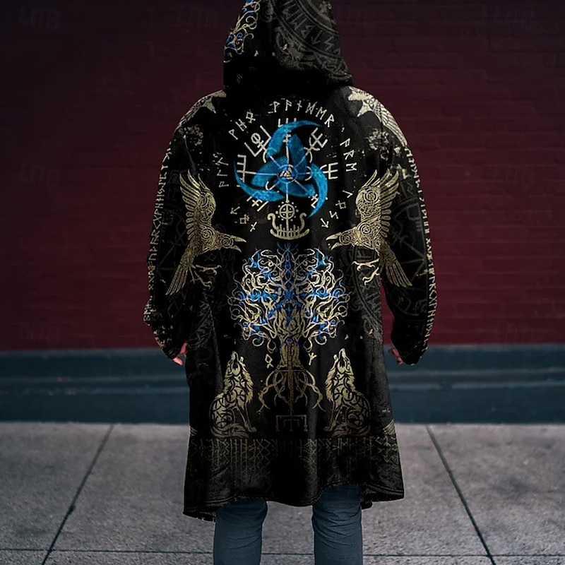Men's Viking Winter Coat Fleece Jacket Coat Thermal Warm Comfortable Vintage Casual Street Daily Wear Zipper Pocket 3D Print Fall Winter Hooded Long Sleeve Black Blue2