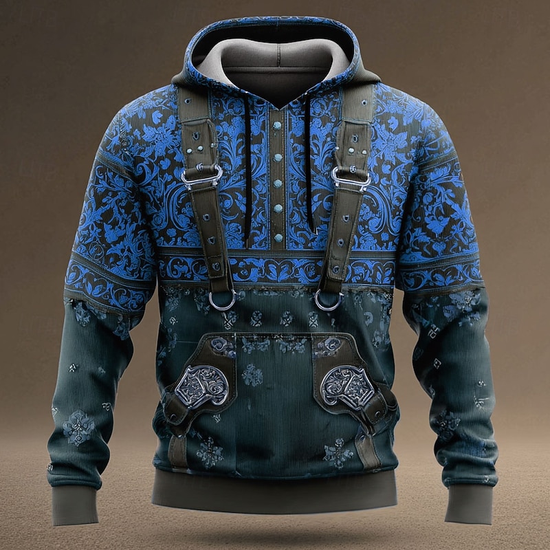 Men's Cowboy Hoodie Sweatshirt Ethnic Cowboy Crew Neck Streetwear Blue Brown Drawstring Fall Winter Designer2