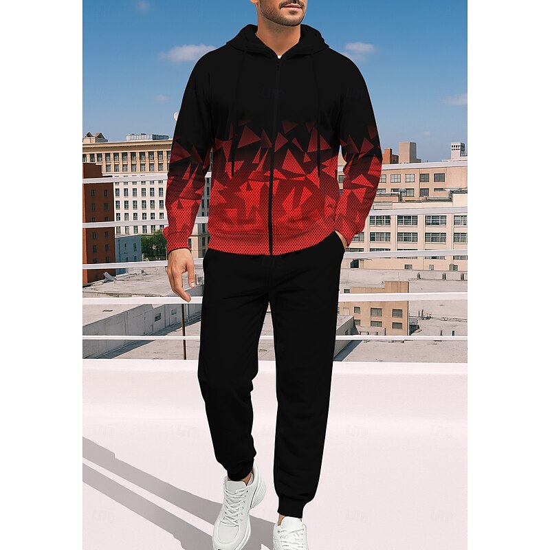 Men's Hoodie Tracksuit Zip Hoodie Drawstring Pockets Geometric Pants Hoodie Sweatshirt Fall Red / black Gym Workout Casual Basketball Baggy Long Sleeve Sport Activewear Stretchy Regular Fit3
