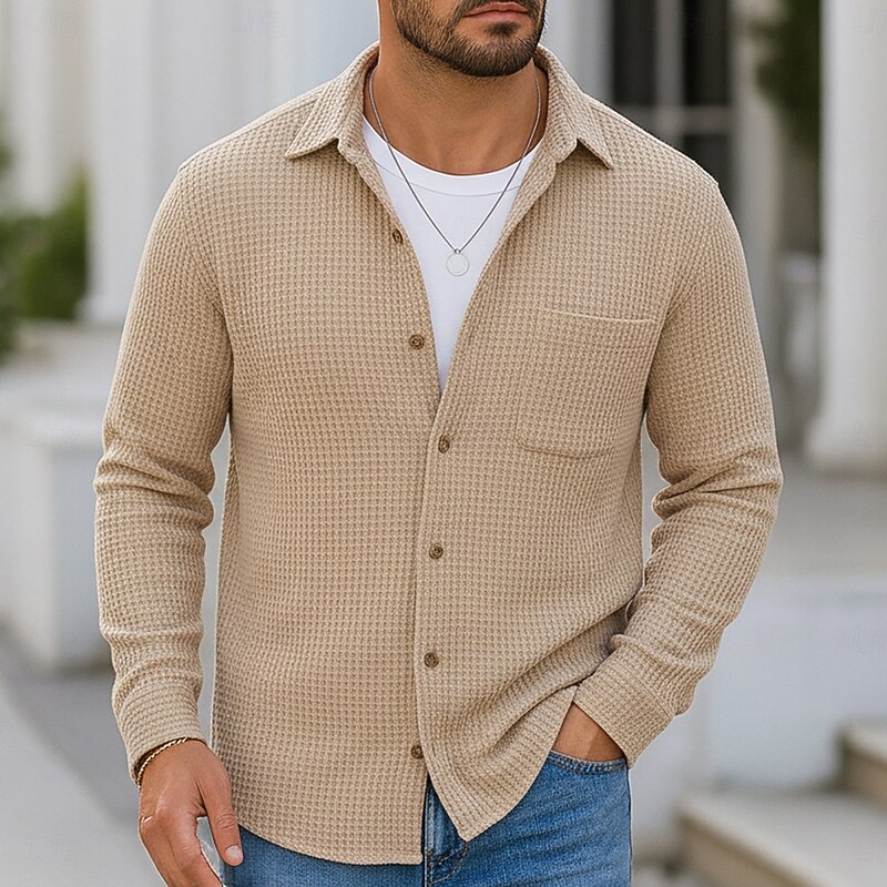 Men's Shirt Waffle Shirt Summer Shirt Casual Shirt Button Up Shirt Black Burgundy Blue Green khaki Long Sleeve Plain Textured Lapel Vacation Casual Pocket Clothing Apparel Fashion Casual Comfortable