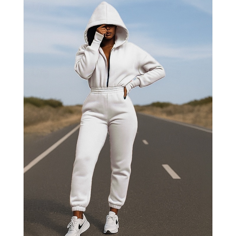 Women's One-piece  Hoodie Jumpsuit Sets Zip Up Solid Colored Clothing Suit Fall White Army Green Hiking Vocation Outdoor Long Sleeve Sport Activewear Micro-elastic Regular Fit4