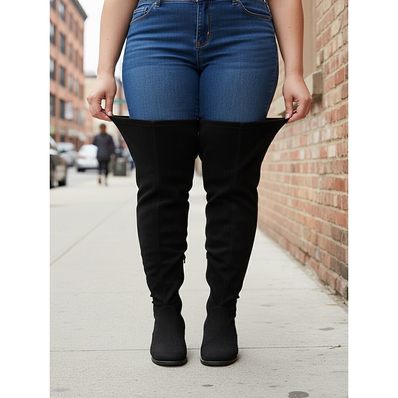 Women's Black Extra Wide Fit Over-the-Knee Boots, Stylish and Comfortable Boots for Plus-Size, Perfect for Casual Street Style & Fall/Winter Wear