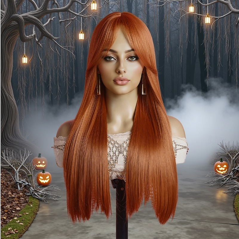 Synthetic Wig Straight Natural Straight Middle Part Neat Bang Wig 24 inch Orange / White / Blue Synthetic Hair 24 inch Women's Soft Comfy Orange2