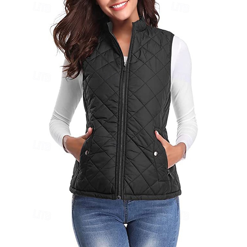 Women's Vest Warm Comfortable Zipper Pocket Casual Plain Vacation Daily Wear Going out Weekend Regular Stand Collar Regular Fit Sleeveless Outerwear Black White Pink Fall Winter3