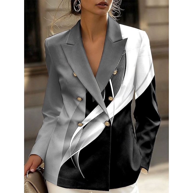 Women's Blazer Comfortable Breathable Buttons Print Fashion Casual Geometric Formal Office Street Casual Double Breasted Regular Notch Lapel Regular Fit Long Sleeve Outerwear Black Yellow Blue Spring3