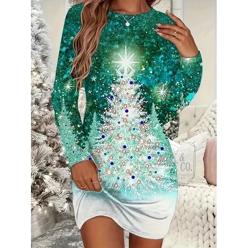 Women's Mini Dress T Shirt Dress Tee Dress Shift Dress Vacation Casual Daily Holiday Date Regular Fit Graphic Christmas Tree Long Sleeve Crew Neck Red Blue Brown Green Spring Fall Winter