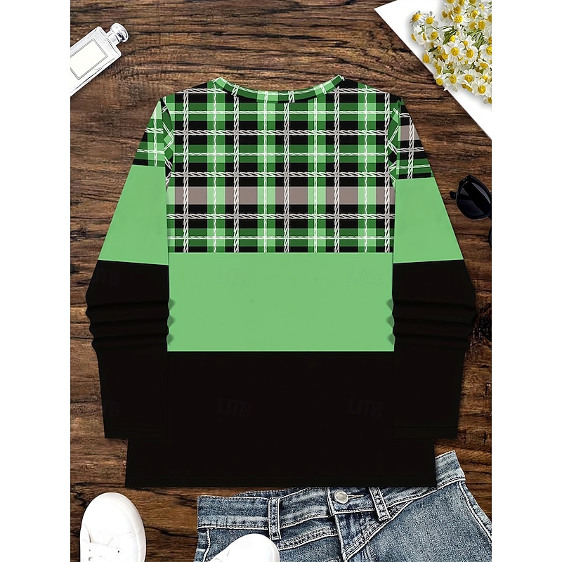 Women's T Shirt Graphic Geometric Plaid Vintage Stylish Classic Long Sleeve Crew Neck Round Neck Regular Tops Daily Print Green Spring Fall Winter2