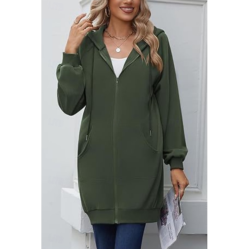 Women's Hoodie Jacket Comfortable Breathable Zipper Pocket Casual Plain Vacation Street Casual Daily Wear Zipper Long Hooded Regular Fit Long Sleeve Outerwear Navy Black White Spring Fall4