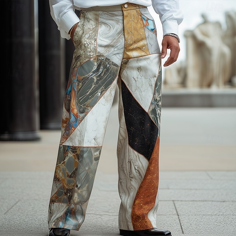 Men's Geometric Color Block Marble Trousers Dress Pants Suit Pants Mid Waist Fashion Casual Dailywear Holiday Streetwear Relaxed Fit Flat Front Dress Pants with Side Pockets Spring Fall 3D Print Gold