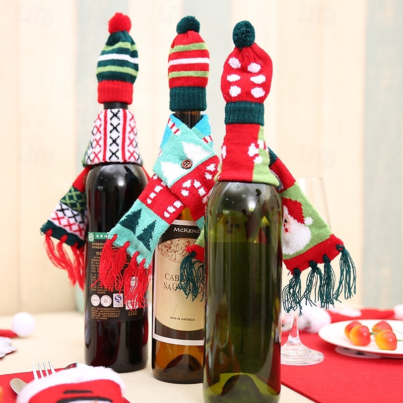 3 Pack Christmas Wine Bottle Decorations, Knit Scarf and Hat Covers, Holiday Red Wine Bottle Accessories, Xmas Champagne Bag Set, Party Table Decorations, Reusable Gift Wrapping Supplies4