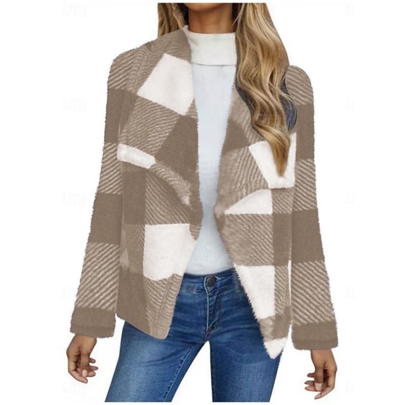 Women's Fleece Jacket Casual Jacket Comfortable Breathable Print Casual Plaid Vacation Street Casual Daily Wear Open Front Long Turndown Regular Fit Long Sleeve Outerwear Black And White Black Pink3