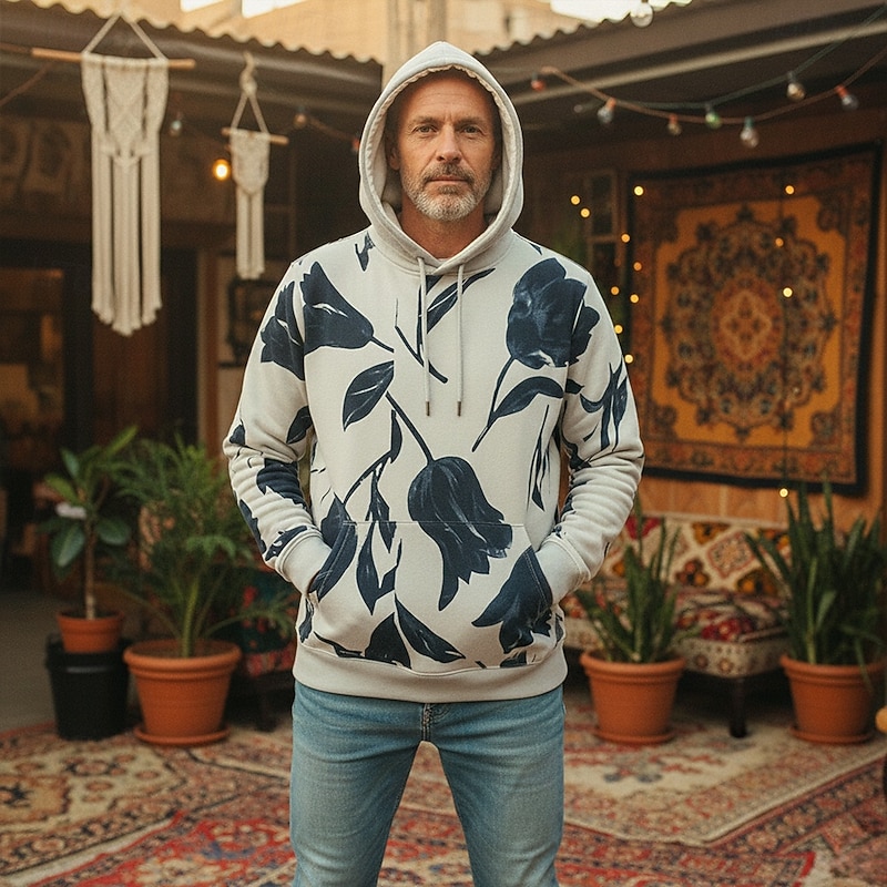 Men's Boho Paisley Damask Flower / Floral Hoodie Fashion Daily Hooded Vacation Party Streetwear Pink Blue Printing Fall Winter Designer