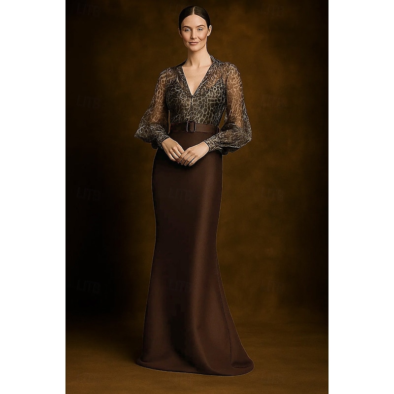 Leopard Print Shirt Evening Gown Mermaid / Trumpet Sheath / Column Gown Elegant Formal Dress Formal Wedding Floor Length Long Sleeve V Neck Pink Dress Satin with Belt 20254