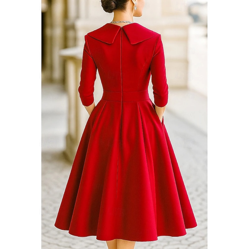 Red Black A-Line Mother of the Bride Dress Elegant Vintage Shirt Collar Tea Length Satin 3/4 Length Sleeve with Ruching Solid Color2