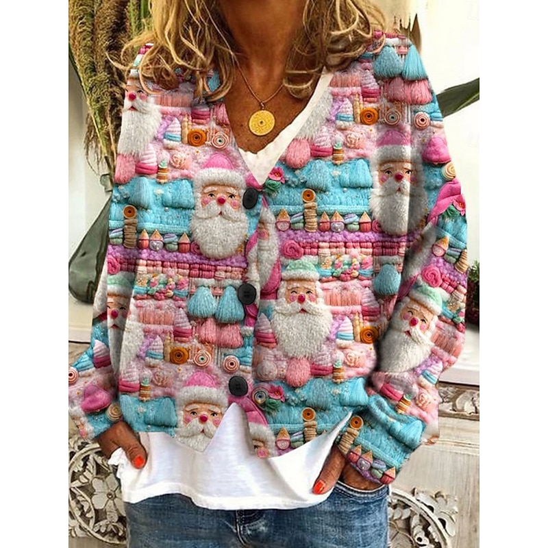 Women's Sweater Cardigan Casual Soft Santa Claus Snowflakes Ribbed V Neck Knitted Long Sleeve Regular Tops Knit Christmas Outdoor Daily Pink Blue Fall Winter