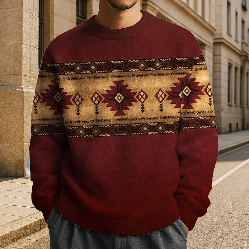 Men's Geometric Pullover Sweater Jumper Fair Isle Sweater Knitwear Crewneck Casual Vacation Daily 3D Print Knitting Keep Warm Long Sleeve Spring Fall Winter White Red Green