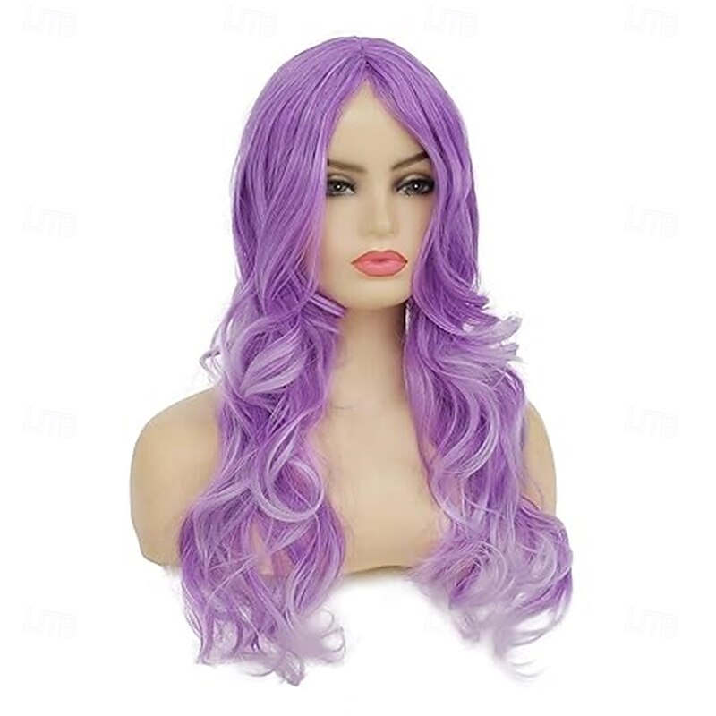 Long Curly Wavy Wine Red Pink Wigs with Purple Highlight Middle Part Colorful Wig Cosplay Costume Synthetic Replacement Wig for Women3