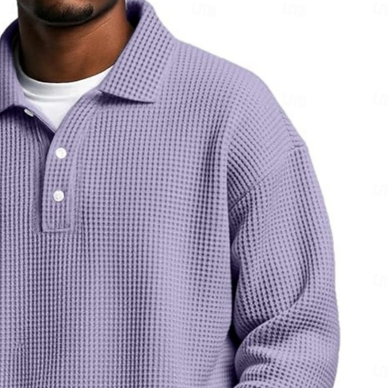 Men's Waffle Polo Shirts Polo Shirts Formal Business Ribbed Polo Collar Long Sleeve Fashion Solid Color Buttons Plain Fall Spring &  Fall Loose Fit Green Light Blue Purple Khaki Light Grey Dark Grey2