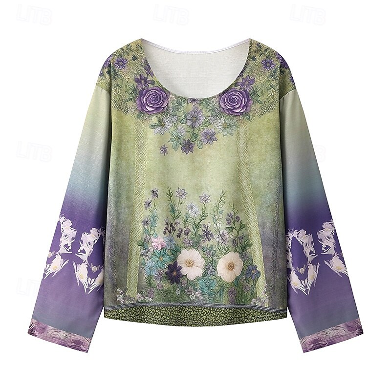 Women's Blouse Graphic Vintage Daily Casual Long Sleeve V Neck Regular Tops Tribal Vintage Designer Basic Print Vacation Street Going out Daily Holiday Print Green Summer Spring Fall4