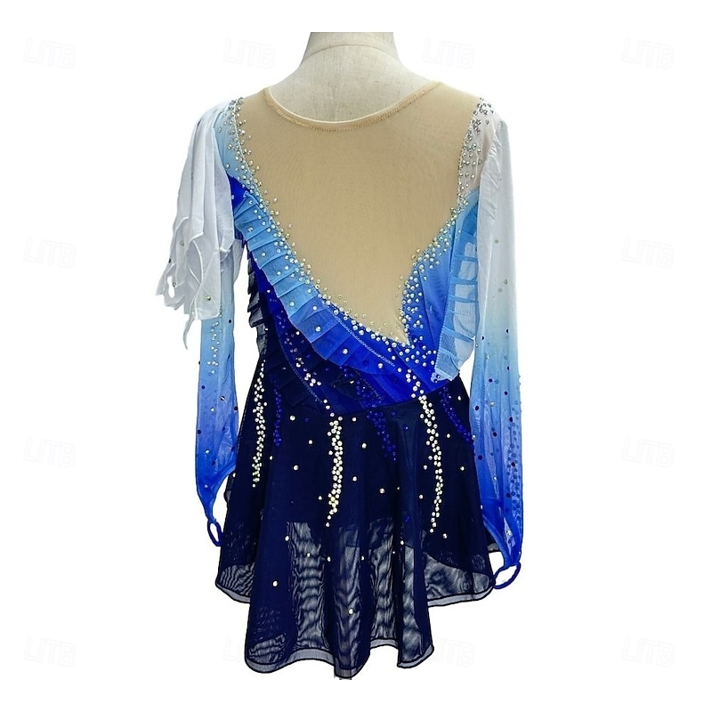 Figure Skating Dress Women's Girls' Ice Skating Dress Blue+Green Black Patchwork Glitter Mesh Spandex High Elasticity Practice Competition Skating Wear Handmade Crystal / Rhinestone Long Sleeve Ice3