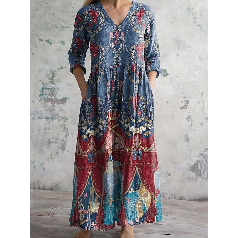 Women's Midi Dress Shift Dress Casual Daily Regular Fit Graphic Geometric Long Sleeve V Neck Yellow Red Blue Orange Spring Fall3