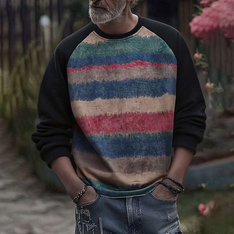 Men's Sweatshirt Black Crew Neck Color Block Stripes Patchwork Sports & Outdoor Daily Holiday Polyester Streetwear Basic Casual Spring Fall Clothing Apparel Hoodies Sweatshirts