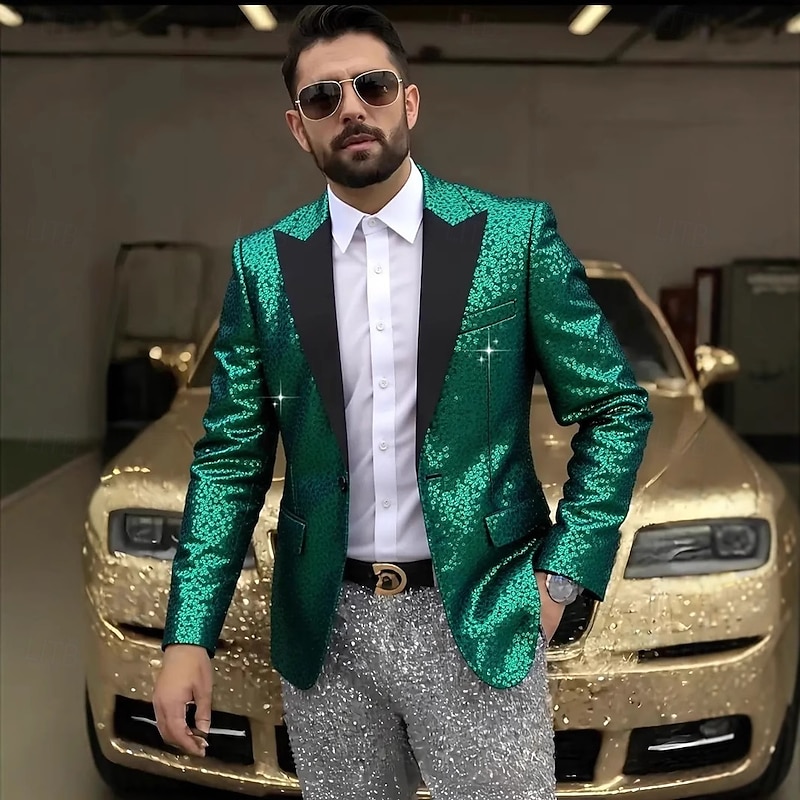 Men's Blazer Jacket Closure collar Fashion Party Sparkly Solid Colored Blazer Purple Green Slim Fit Single Breasted One-button4