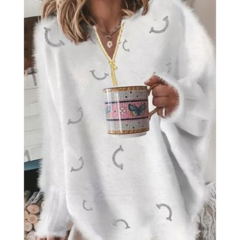 Women's Sweater Pullover Streetwear Casual Graphic Ribbed V Neck Knitted Long Sleeve Regular Tops Knit Outdoor Daily Weekend White Yellow Fall Winter