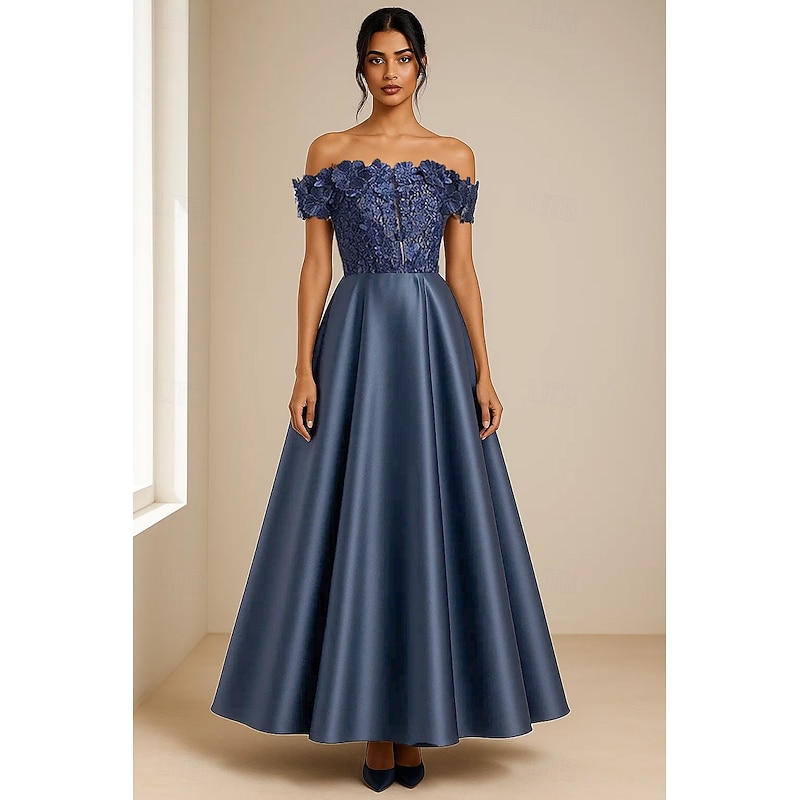 Embroidered Floral Applique A-Line Evening Gown Elegant Formal Dress Formal Wedding Tea Length Off Shoulder Satin 20253