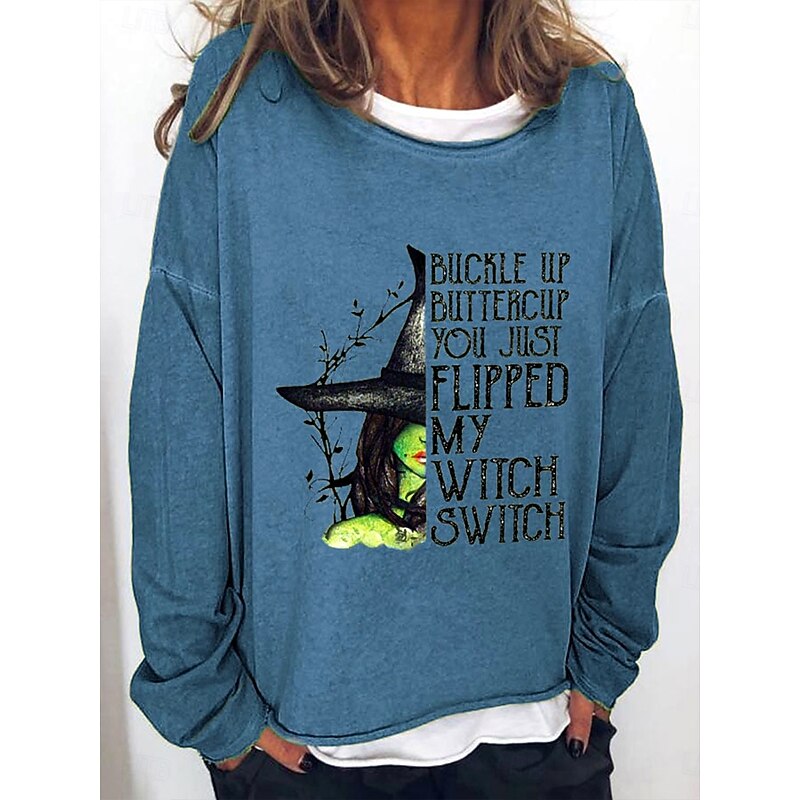 Halloween Women's Sweatshirts Witch Graphic Letter Vintage Fashion Casual Long Sleeve Crew Neck Regular Tops Street Casual Print Blue Brown Green Fall Winter2