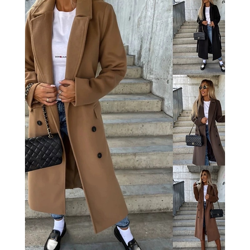 Women's Casual Jacket Warm Comfortable Pocket Buttons Fashion Outdoor Plain Going out Weekend Single Breasted Regular Lapel Regular Fit Long Sleeve Outerwear Black Brown Khaki Fall Winter