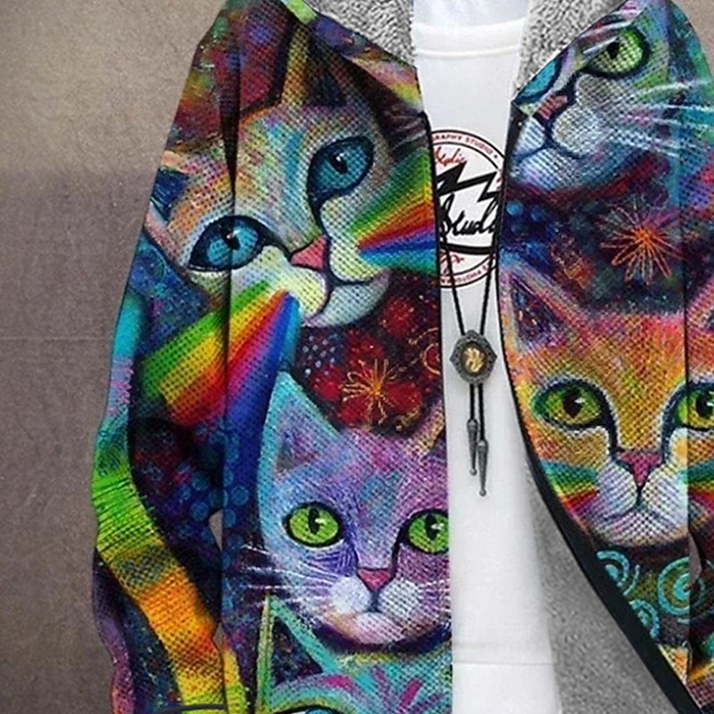 Men's Animal Cat Winter Coat Fleece Jacket Coat Thermal Warm Comfortable Casual Daily Wear Zipper Pocket 3D Print Fall Winter Hooded Long Sleeve Black Rainbow3